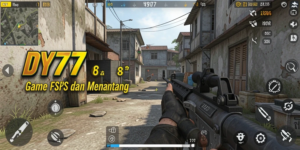Screenshot gameplay DY777 menunjukkan aksi intens dalam pertempuran FPS.