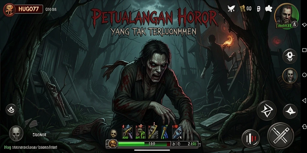 Screenshot menampilkan gameplay horor HUGO77 yang mencekam dan penuh ketegangan.