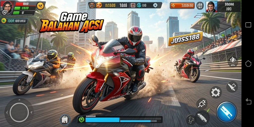 Tampilan gameplay JOSS188 yang menegangkan dengan balapan motor.