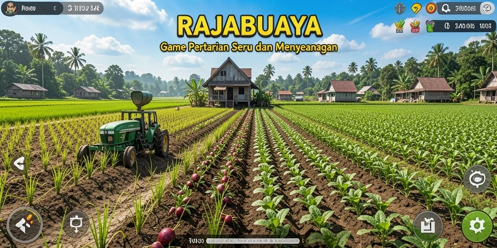Menampilkan gameplay seru di RAJABUAYA dengan berbagai aktivitas pertanian.