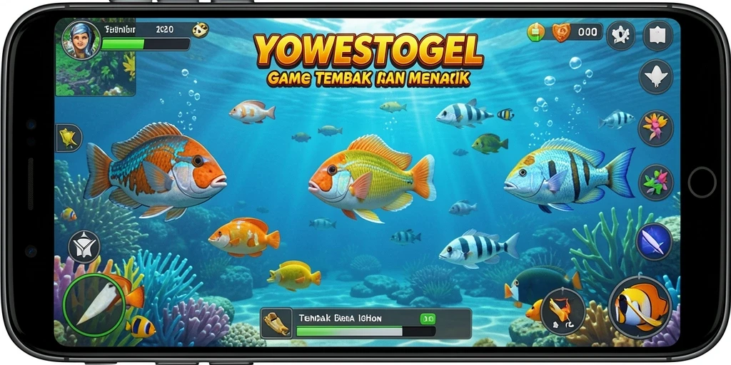 Screenshot YOWESTOGEL menampilkan aksi seru dalam menembak ikan.